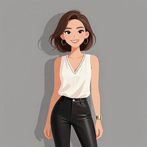 Digital illustration of a smiling woman with shoulder-length brown hair, wearing a white sleeveless top, black leather pants, gold hoop earrings, and a gold