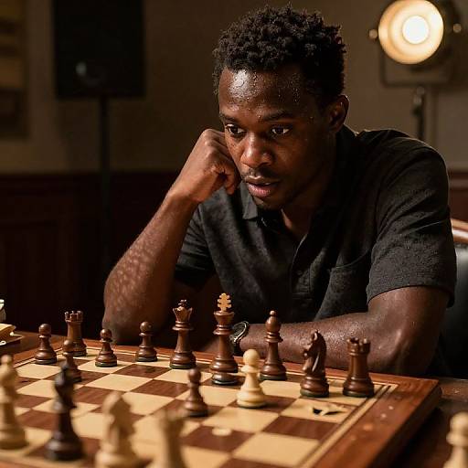 Photograph of focused Black man in black shirt, deep in thought, playing chess in dimly lit room with spotlight in background.