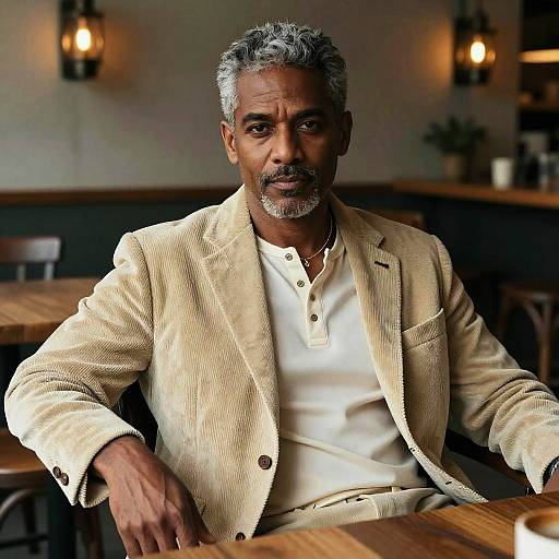 Photograph of a middle-aged Black man with gray hair and beard, wearing a beige textured blazer over a white polo, sitting at a wooden table