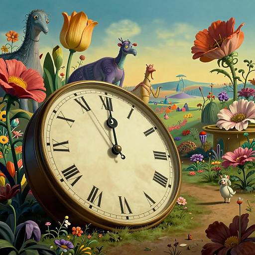 Whimsical digital artwork: large clock face among colorful flowers, fantastical creatures, sunset sky, and a small white rabbit in foreground.
