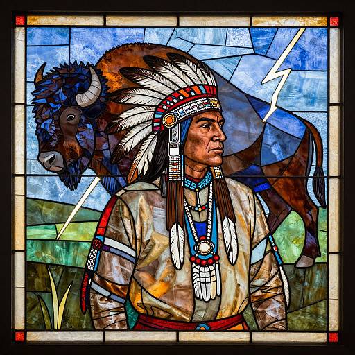 Vibrant stained glass artwork of a Native American man in traditional attire, adorned with feathers, wearing a buffalo headdress, set against a blue and