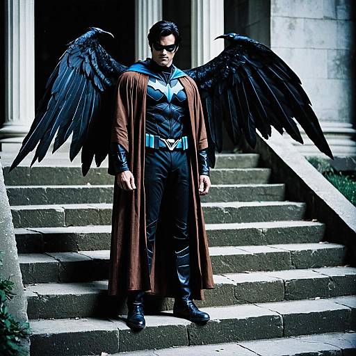 Photograph of a muscular man with black feathered wings, brown coat, black suit, blue chest emblem, standing on stone steps, wearing sunglasses,