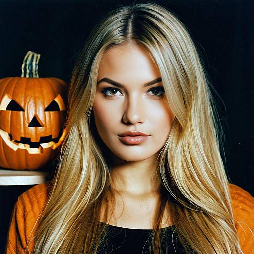 Blonde Woman with Jack-o'-Lantern Pumpkin