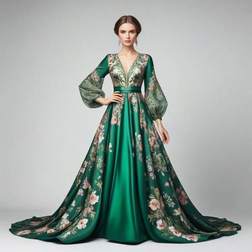 Elegant Woman in Floral Green Evening Gown