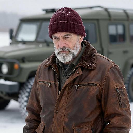 Bearded Man in Snow with Military Vehicle