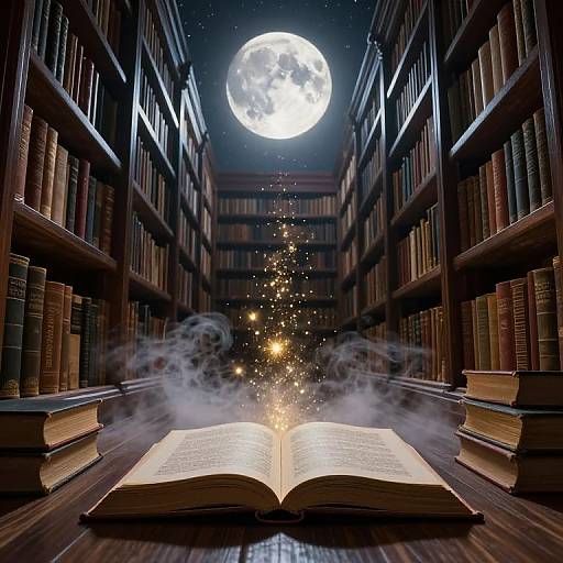 Photograph-like digital art of an open book on a wooden floor in a library, with glowing sparks rising, moonlight through tall bookshelves in