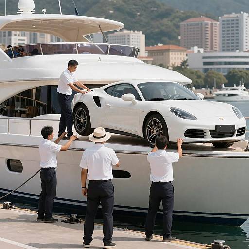 Loading Sports Car onto Yacht in Harbor