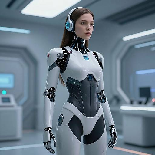 CGI image of a young woman in a futuristic white and black robotic suit with blue accents, standing in a sleek, high-tech room.
