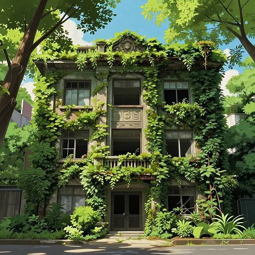 Photograph of a three-story, abandoned building overgrown with vibrant green vines and plants, surrounded by lush trees, under a bright blue sky.