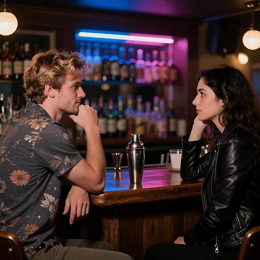 Neon-Lit Bar Date: Floral Shirt & Leather