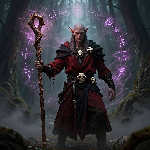 Digital fantasy artwork of a stern, bald, elven sorcerer with pointed ears, holding a glowing staff, wearing a red and black skull-adorn