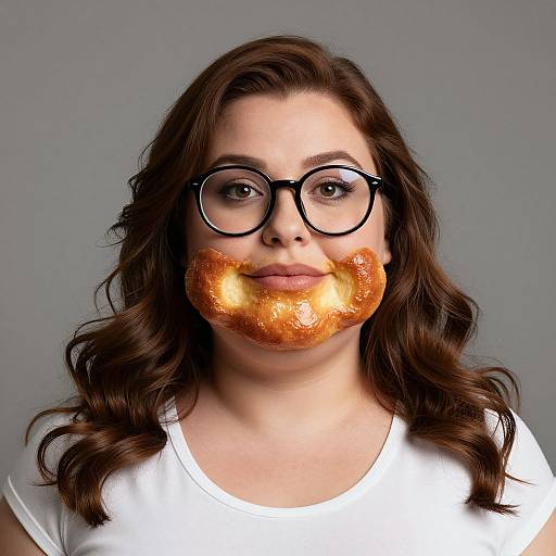 Photograph of a woman with wavy brown hair, wearing black glasses and a white shirt, with a glazed donut covering her mouth. Gray background