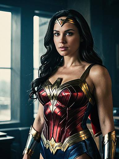 Photograph of Wonder Woman with long black hair, red and gold corset, blue shorts, gold bracelets, standing in dimly lit room.