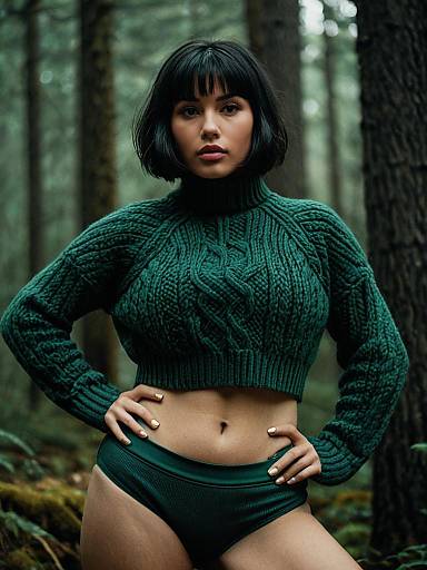 Woman in Cable-Knit Sweater and Bikini Briefs in Forest