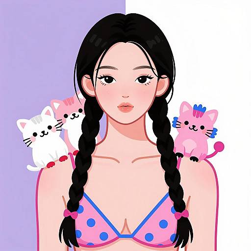 Illustration of Asian Woman with Cartoon Cats