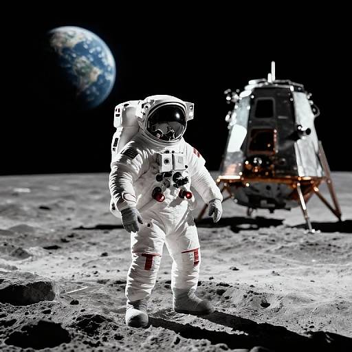 Photograph of an astronaut in a white spacesuit standing on the moon's surface, with a lunar module and Earth visible in the dark, starless