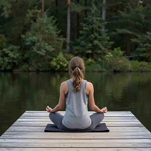 Photograph of a woman with brown hair in a ponytail, wearing a gray tank top and black yoga pants, meditating in lotus position on