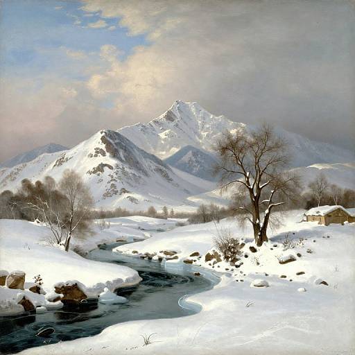 Photorealistic painting of a snowy mountain landscape with a winding river, bare trees, and bright sunlight peeking through clouds.