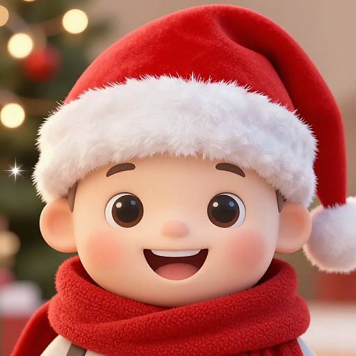 Cute CGI baby with large eyes, wearing red Santa hat and scarf, smiling against blurred Christmas tree with lights.