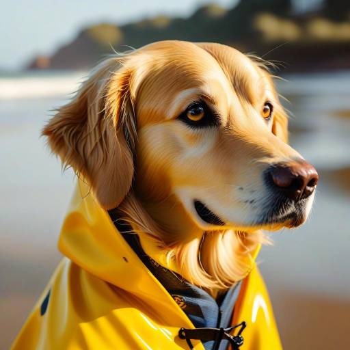 Golden Retriever in Yellow Raincoat at Beach