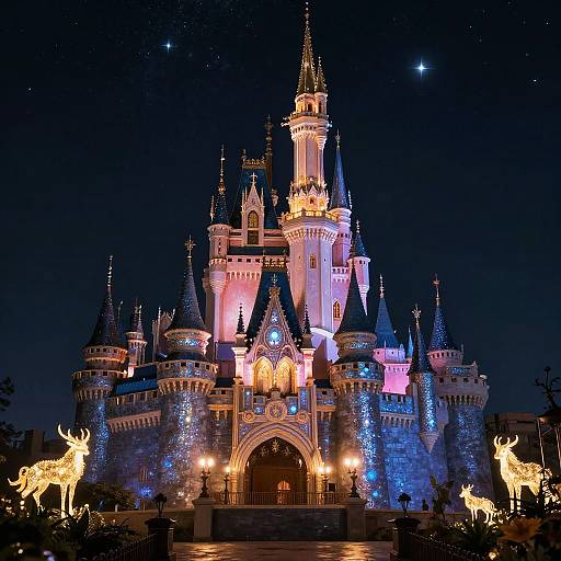 Photograph of a brightly illuminated, multi-turreted castle at night with blue and orange lights, surrounded by glowing reindeer silhouettes, under