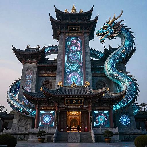 Photograph of a traditional Chinese temple with a large, illuminated blue dragon sculpture coiling around the entrance at dusk.