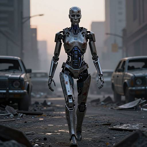 Photorealistic CGI of a humanoid robot with metallic silver body, standing in a desolate, post-apocalyptic street, surrounded by abandoned cars and debris