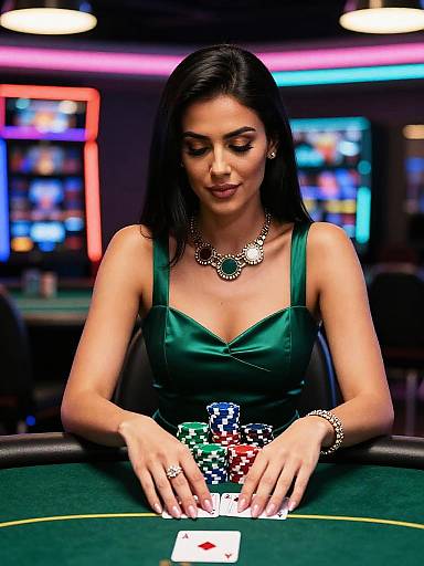 Photograph of a beautiful woman with long black hair, wearing a green satin dress and silver necklace, dealing poker chips at a casino table with colorful neon