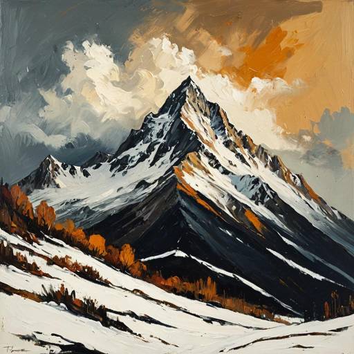 Abstract Oil Painting of Snowy Mountain Peak