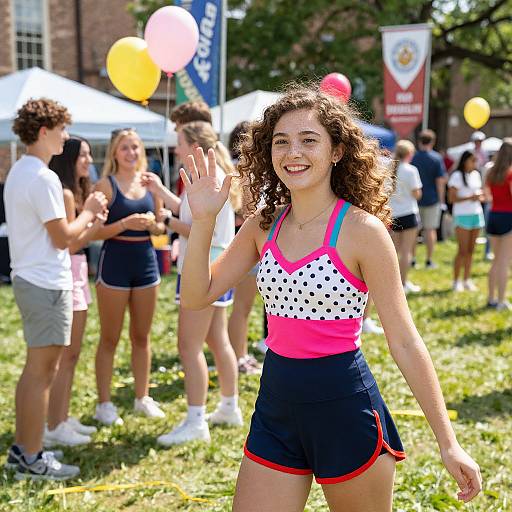 Photograph of a smiling curly-haired girl waving, wearing a white polka-dot crop top with pink and blue trim, and navy shorts, at an