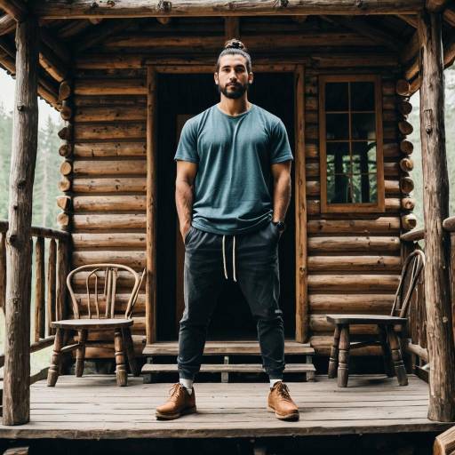 Man with Man Bun on Rustic Log Cabin Porch