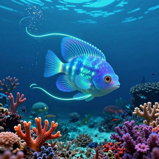 Photograph of a glowing blue fish with orange eyes swimming among vibrant coral reefs in a deep, blue underwater ocean scene.