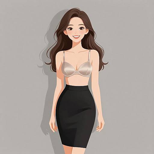 Digital anime-style drawing of a smiling young woman with long brown hair, wearing a white bra and black knee-length skirt, against a plain gray background.