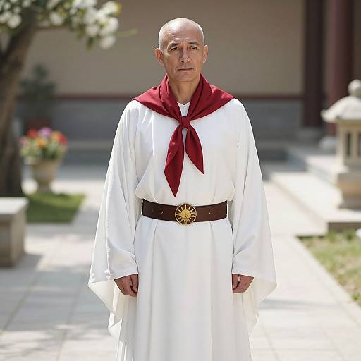 Photograph of a bald, middle-aged man in white Buddhist monk robes with a red scarf, brown belt, and gold emblem, standing outdoors in a
