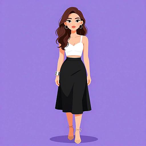 Digital illustration of a young woman with long brown hair, wearing a white tank top, black skirt, and beige ankle boots, against a purple background.