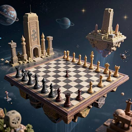 Digital artwork: Floating chessboard with black and gold pieces, surrounded by futuristic temple structures, spaceships, planets, and floating islands in a starry