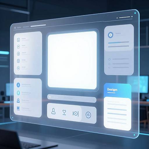 Digital display screen with glowing blue interface showing app icons, settings, and design button, floating in a futuristic dark room.