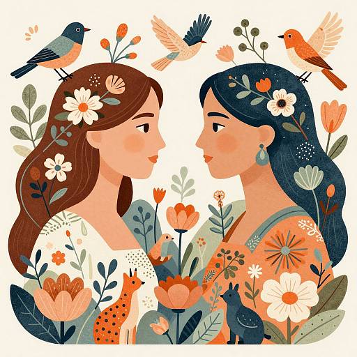 Digital illustration of two women with flowers in their hair, surrounded by birds and colorful flowers, facing each other.