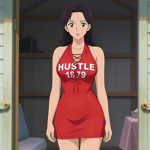 Anime-style drawing of a woman with long black hair, wearing a tight red dress with 