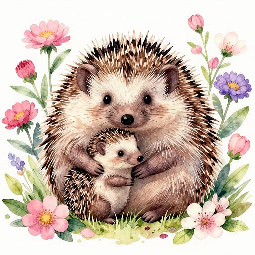Watercolor illustration of a large, spiky hedgehog tenderly holding a small hedgehog among vibrant pink, purple, and white flowers.