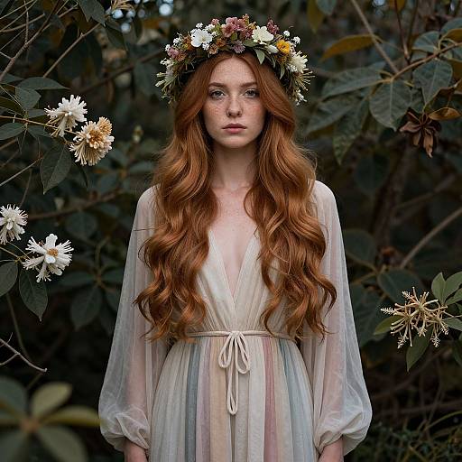 Photograph of a fair-skinned, red-haired woman with a floral crown, wearing a sheer, pastel-striped dress, standing in a dark,