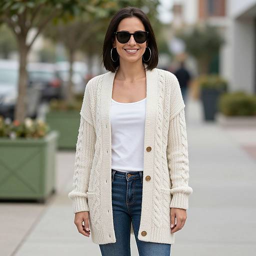 Photograph of a smiling woman with dark hair, wearing black sunglasses, white sweater cardigan, white tank top, and blue jeans, standing on a