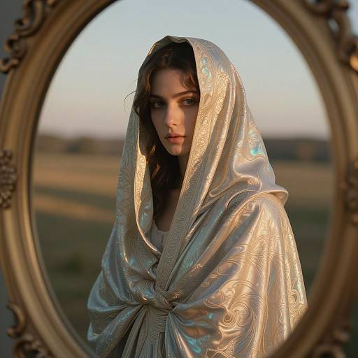 Photograph of a young woman with wavy brown hair, wearing a shimmering silver shawl, framed by an ornate, oval mirror, against