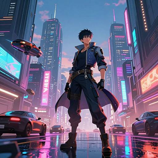 Anime-style digital artwork of a black-haired, red-eyed man in a long coat and gloves standing in a neon-lit, futuristic city street, with