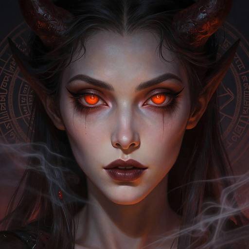 Digital art of a demonic woman with glowing red eyes, pale skin, dark hair, horns, and smoky aura, set against a dark, circular
