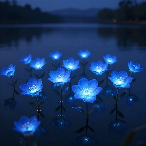 Glowing Blue Flowers Over Lake