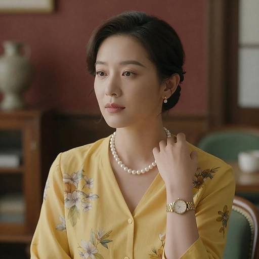 Photograph of an Asian woman with fair skin, black hair in a bun, wearing a yellow floral blouse, pearl necklace, gold watch, and earrings