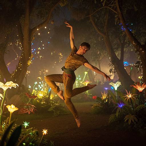 Photograph of a male dancer mid-leap in a forest illuminated by colorful, glowing flowers and lights, wearing a patterned tunic and pants,