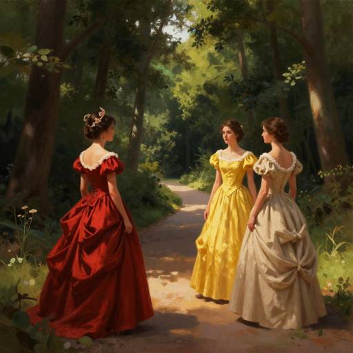 Enchanted Forest Path with Elegant Women