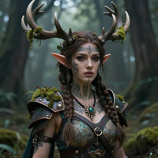 Fantasy Woman with Antlers in Mystical Forest
